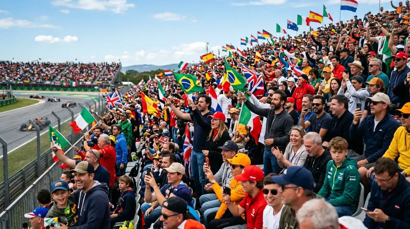 Aficionados de Fórmula 1 en las gradas de un Gran Premio con banderas de distintos países